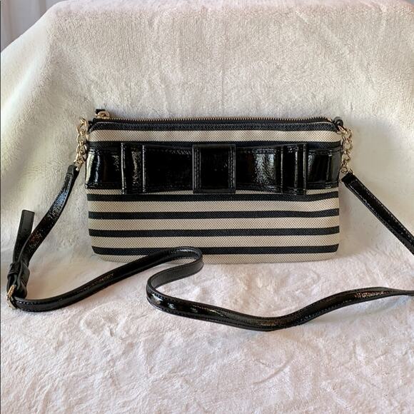 Kate Spade Alice Court Celina Black Cream Stripe Patent Leather Crossbody Bag - Picture 1 of 9